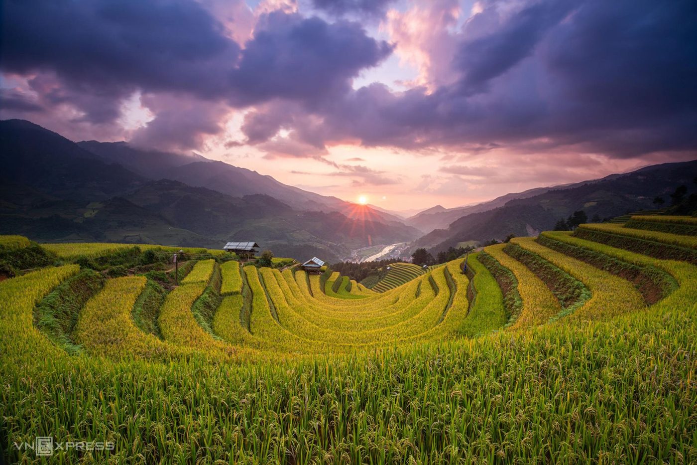 Hoàng hôn trên ruộng bậc thang mùa lúa chín ở Yên Bái